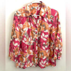 JM Collection shirt womens 14 button down linen collared floral print Bloomcore